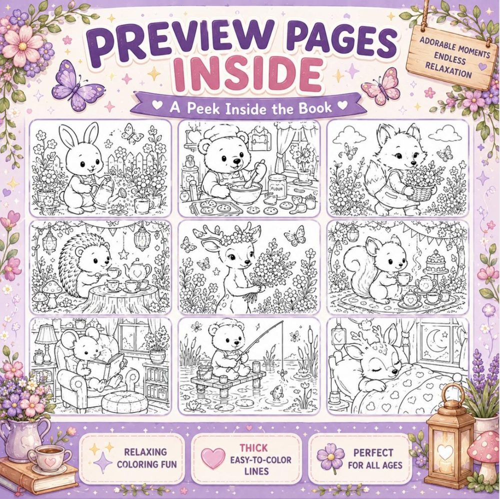 A spread of cozy meadow coloring pages